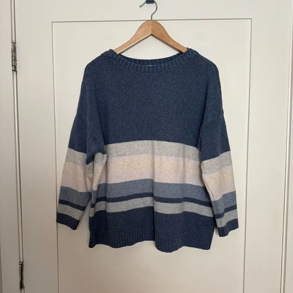 J Jill Sweater Women Sz XL Petite Blue Striped 3/4 Sleeve Round Neck Casual Soft
